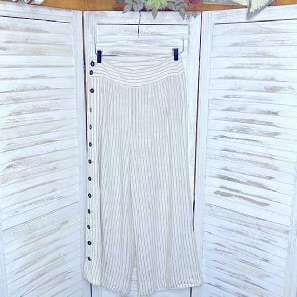 ANTHROPOLOGIE * Buttoned Wide Leg Pants Neutral Striped Linen Mix Size 0 / XS - Picture 5 of 10
